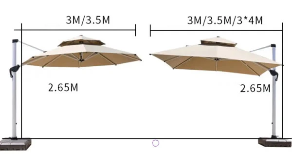 Round parasol and square shade display coverage area for bulk restaurant order