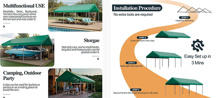 Heavy duty 10x20FT car canopy top with waterproof UV-resistant fabric and included decorative string lights for portable garage or outdoor party tent